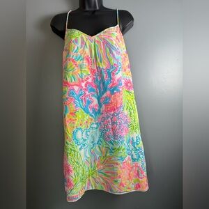 Lilly Pulitzer Dusk 100% Silk Slip Dress Womens Sz L 20" PTP Lovers Coral Floral